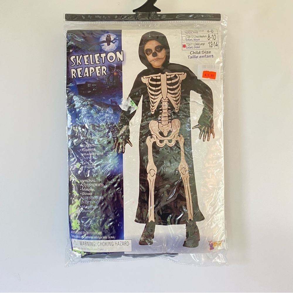 NEW Kids Skeleton Reaper Hooded Robe Costume Lids Size Large